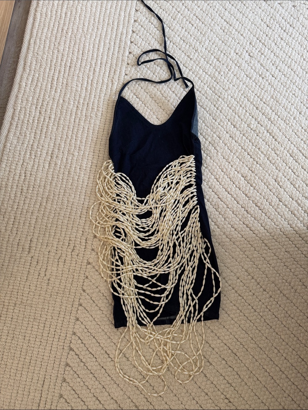 Denim Halter Mini Dress with Pearl Beaded Fringe